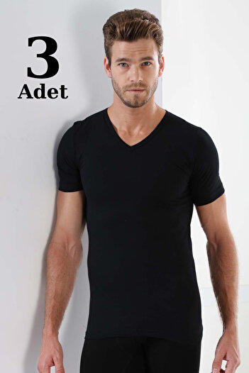 Arma Yıldız Men's V-neck Black T-shirt - 3 Pieces 100% Cotton Combed Cotton