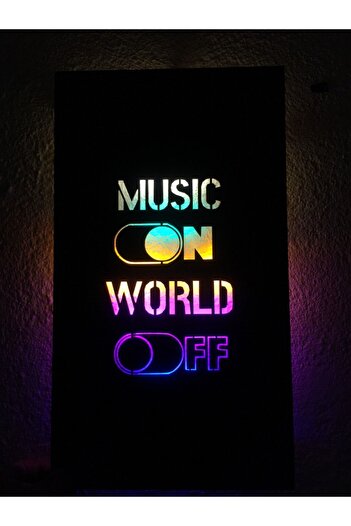 ÇAKRA Music On World Off Led Işıklı Ahşap Tablo 45x24cm