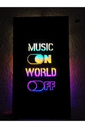 ÇAKRA Music On World Off Led Işıklı Ahşap Tablo 45x24cm