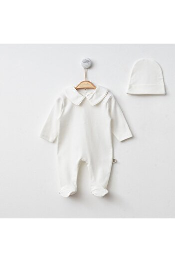 Minimus Newborn Cotton Baby Girl and Boy Piping Detailed Baby Collared Booties Jumpsuit and Hat Set 0-6 Months