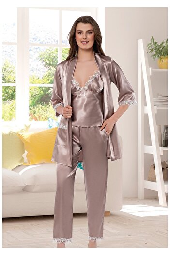 FAAL 4904 Women's Lace Detailed Satin Dressing Gown with String Straps Pajama Set-Mink