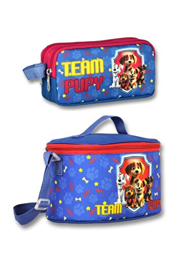 ÜMİT ÇANTA Set cutie de prânz termoizolată și suport pentru creion Cennec Team Pupy albastru-roșu pentru băiat