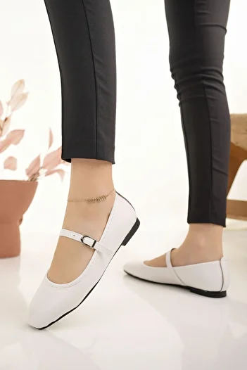Modafırsat Women's Flats White Banded Belted Lightweight Comfortable Stylish Business Office Daily Shoes