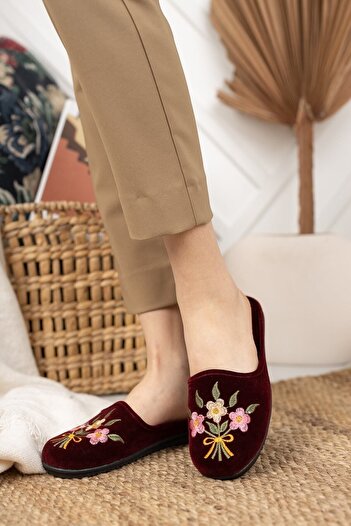 Modafırsat Burgundy Buket Women's Indoor Slippers Winter Indoor Soft Comfortable Slippers Embroidered Dowry Bundle Slippers