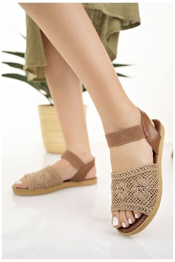 Modafırsat Women's Straw Sandals Tan Knit Lace Knitwear Embroidery Embroidered New Season Summer Beach Holiday Sandals