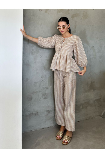 King Brothers Poplin Fabric - Bow Striped Balloon Sleeve Women's Blouse Set