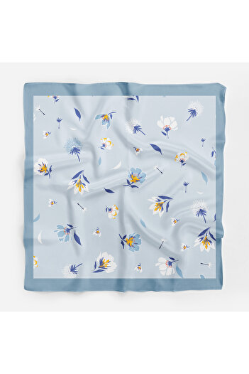 Modabutik Kadın Mavi Çiçek Desenli Bandana 70x70 DG0157-22