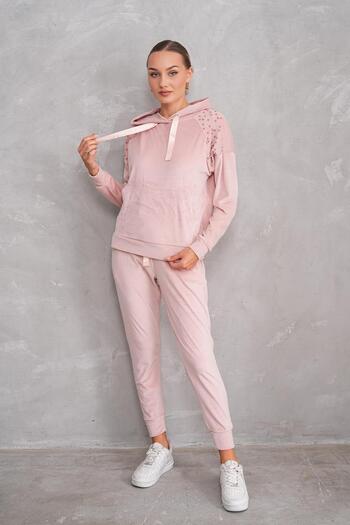 WestBound Soft Velvet Stoned Women's Tracksuit Set - Pudra