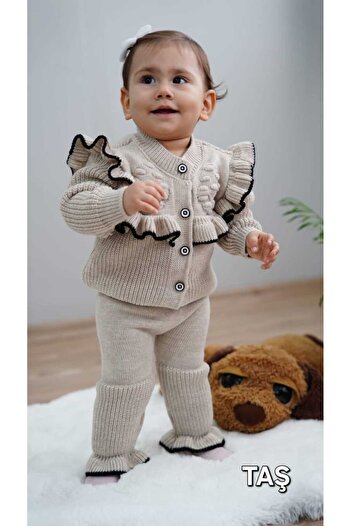 Meriç bebe Baby Girl Frill Detailed 2-Piece Knitwear Set with Cardigan and Trousers