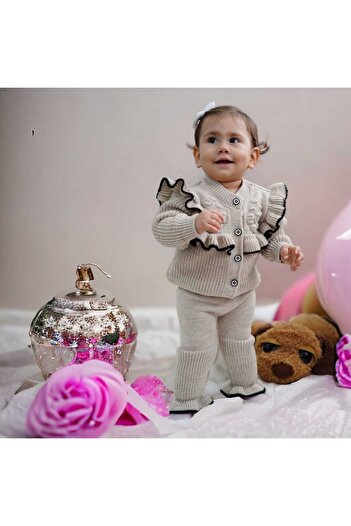 Meriç bebe Baby Girl Frill Detailed 2-Piece Knitwear Set with Cardigan and Trousers