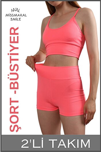 missmaral High Waist Neon Pink Mini Shorts Boxer and Bustier - Padded Rope Strap Sports Set 3080
