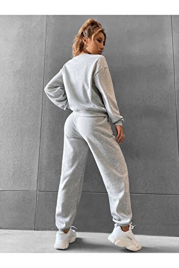 SeusCraft Unisex Basic Kalın Kışlık Sweatshirt Eşofman Altı Jogger - Gri Alt Üst Eşofman Takımı Bisiklet Yaka