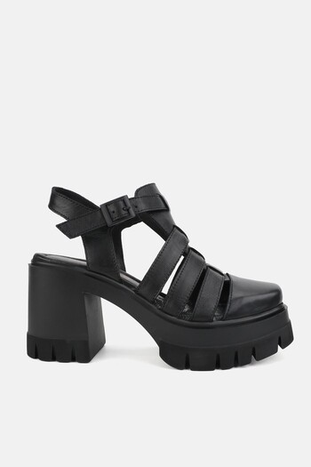 TUNAELLİ Black Genuine Leather - Thick High Heel Strappy Women's Sandals