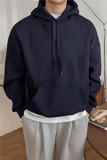 Millionaire Erkek Lacivert Düz Kapüşonlu Oversize 3 iplik Şardonlu Salaş Bol Kesim Hoodie Sweatshirt