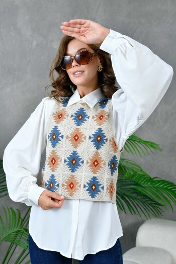 Miss Allos Ethnic Patterned Women's Knitwear Sweater and White Shirt Set