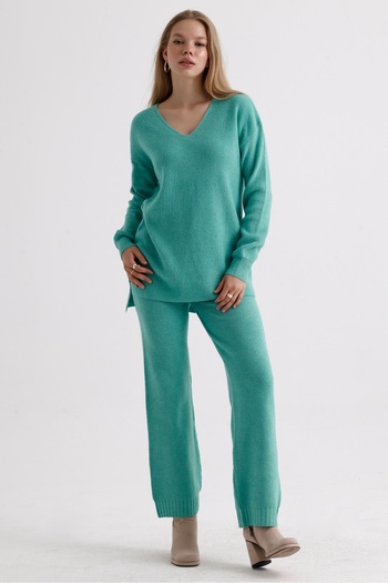 MD trend High Waist V-neck Knitwear Sweater and Lace-up Trousers - Three Pieces Set