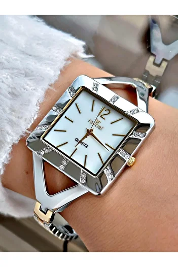 Favori Stone Detailed Double Color Women's Wristwatch - Square Case Fvr-1032.2tmt