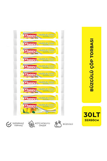 Floppy Büzgülü Çöp Torbası / Büzgülü Çöp Poşeti Orta Boy Limon Kokulu 10 Adet