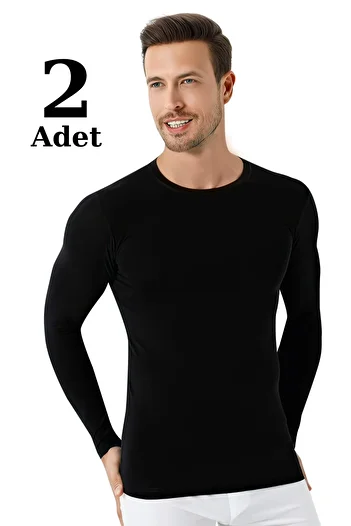 Arma Yıldız Black Men's Regular Fit Crew Neck Long Sleeve T-Shirt 2 Pack 100% Cotton