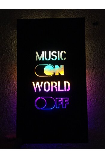 ÇAKRA Music On World Off Led Işıklı Ahşap Tablo 45x24cm