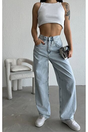 LAMİRAMOOD High Waist Long Wash Baggy Jeans - with Buckle and Adjustable Belt