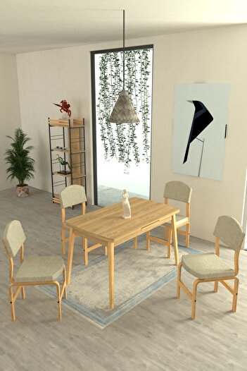 VİLİNZE Ege Sandalye Avanos Ahşap MDF Açılır Mutfak Masası Takımı - 70x120+30 cm