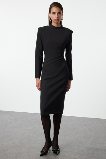 Trendyol Collection Black Midi Dress with Stand Collar - Padded and Shoulder Detail, Fitted Twoaw25el00272