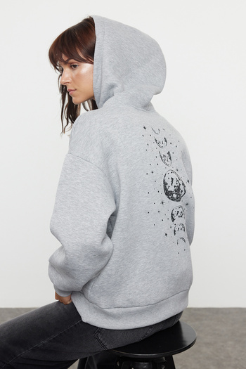 Trendyol Collection Oversize Fleece Hooded Gray Melange SWeatshirt - TWOAW25sw00136