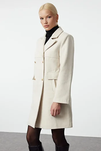 Trendyol Collection Ecru Regular Wool Midi Coat - with Stitching Detail Twoaw25kb00051