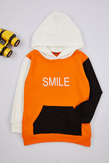 TRENDYOLKIDS Boy's Hooded Cotton Sweatshirt - Orange, Color Blocked Tkdaw25Sw00018