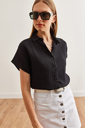 Olalook Black Basic Muslin Women's Shirt - Bat Sleeve Gml- 19001215