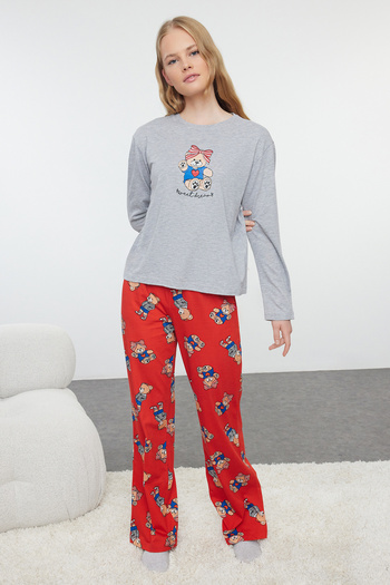 Trendyol Collection Women's Couple/Double Gray Melange Teddy Bear Knitted Pajamas Set Thmaw25Pt00165