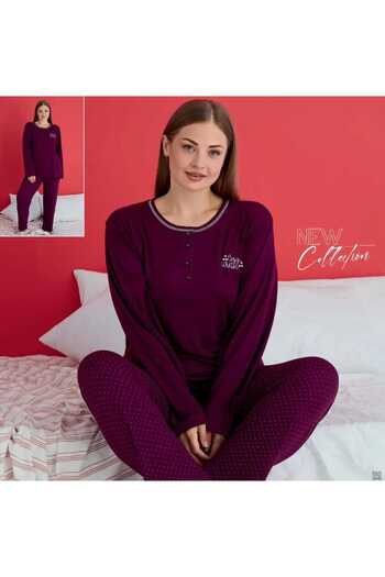 pijamakeyfi Kadın Pijama Takımı - Bisiklet Yaka - Düğmeli Yaka - Düz Paça - Uzun Kollu - Mevsimlik Viskon Kumaş