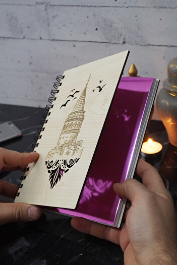 markcat A5 Spiral Galata Tower Patterned Wooden Notebook - Unlined Diary Notebook for Agenda and Gift
