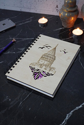 markcat A5 Spiral Galata Tower Patterned Wooden Notebook - Unlined Diary Notebook for Agenda and Gift