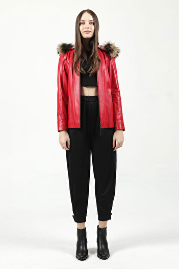 Dericlub Mistral Women's - Genuine Leather Hooded Coat, Red