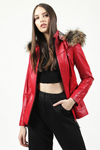 Dericlub Mistral Women's - Genuine Leather Hooded Coat, Red