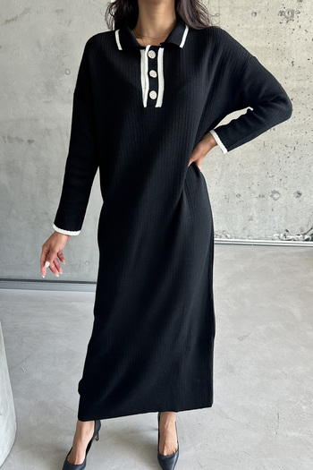 MODAGEN Black Hijab Knitwear Dress - Button Detailed