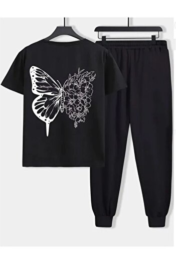 Pink Sky Тениска Butterfly Sweatpants - Black Jogger T-Shirt Долен горен комплект анцуг с голямо кръгло деколте