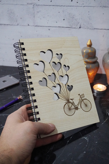 markcat Wooden Notebook - Bicycle, Balloon Pattern, Unlined, A5 Spiral, Gift High School