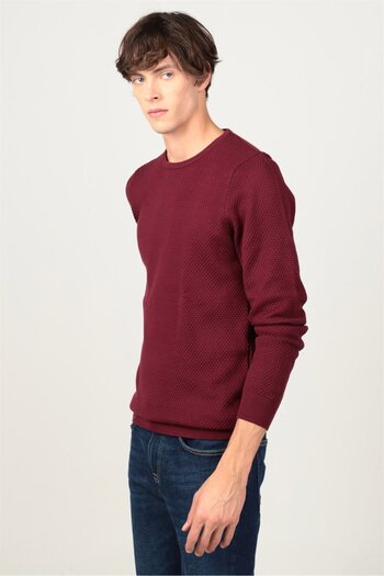 Tudors Claret Red Knit Sweater - Men's, Slim Fit, Crew Neck, Honeycomb Pattern