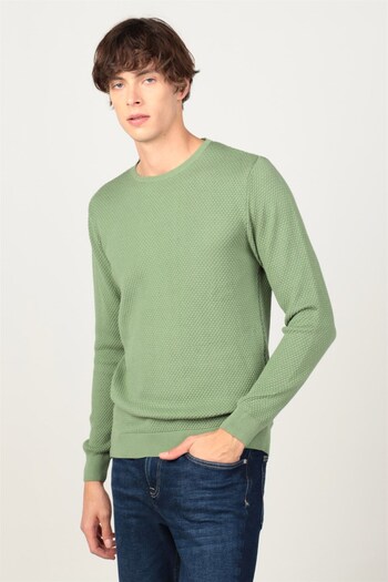 Tudors Green Slim Fit Crew Neck Honeycomb Patterned Men's Knitwear Sweater