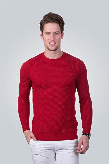 Tudors Men's Standard Fit Regular Cut Crew Neck Honeycomb Patterned Red Knitwear Sweater