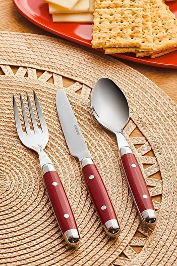 Karaca Alina 18 Pieces Sweet Fork Spoon Knife Set for 6 Persons Red