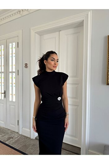 bella istanbul Garcia Yarım Boğazlı Drape Detaylı Kolsuz Elbise