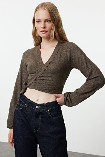 Trendyol Collection Long Sleeve Soft Brown Knitted Blouse - TWOAW25BZ00020 with Tie Detail