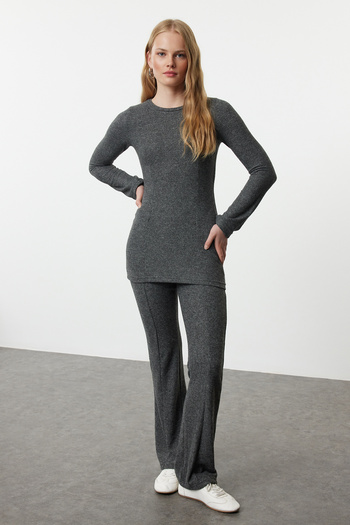 Trendyol Collection Flexible Anthracite Knitted - Long Sleeve Crew Neck Blouse and Pants Set Twoaw25au00073