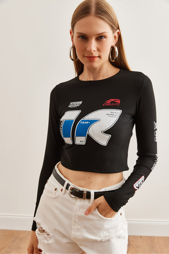 Olalook Black Racing Printed Crop Ottoman Blouse - Thin Corded Blz- 19002710