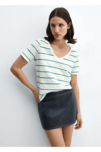 MANGO Woman Striped V-Neck T-Shirt