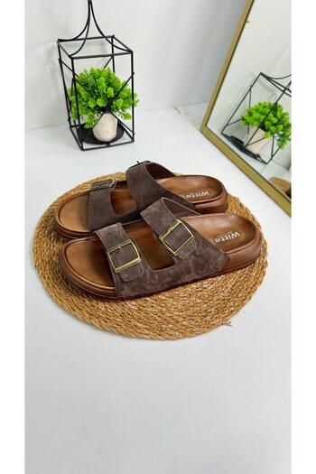 İmerShoes Мъжки ежедневни чехли с двойна регулируема катарама, удобна подметка и овален връх, цвят кафе, 54201